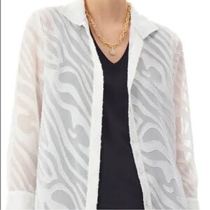 Ming Wang Sheer White Blouse Zebra Striped Button Down Shirt Women’s Small
